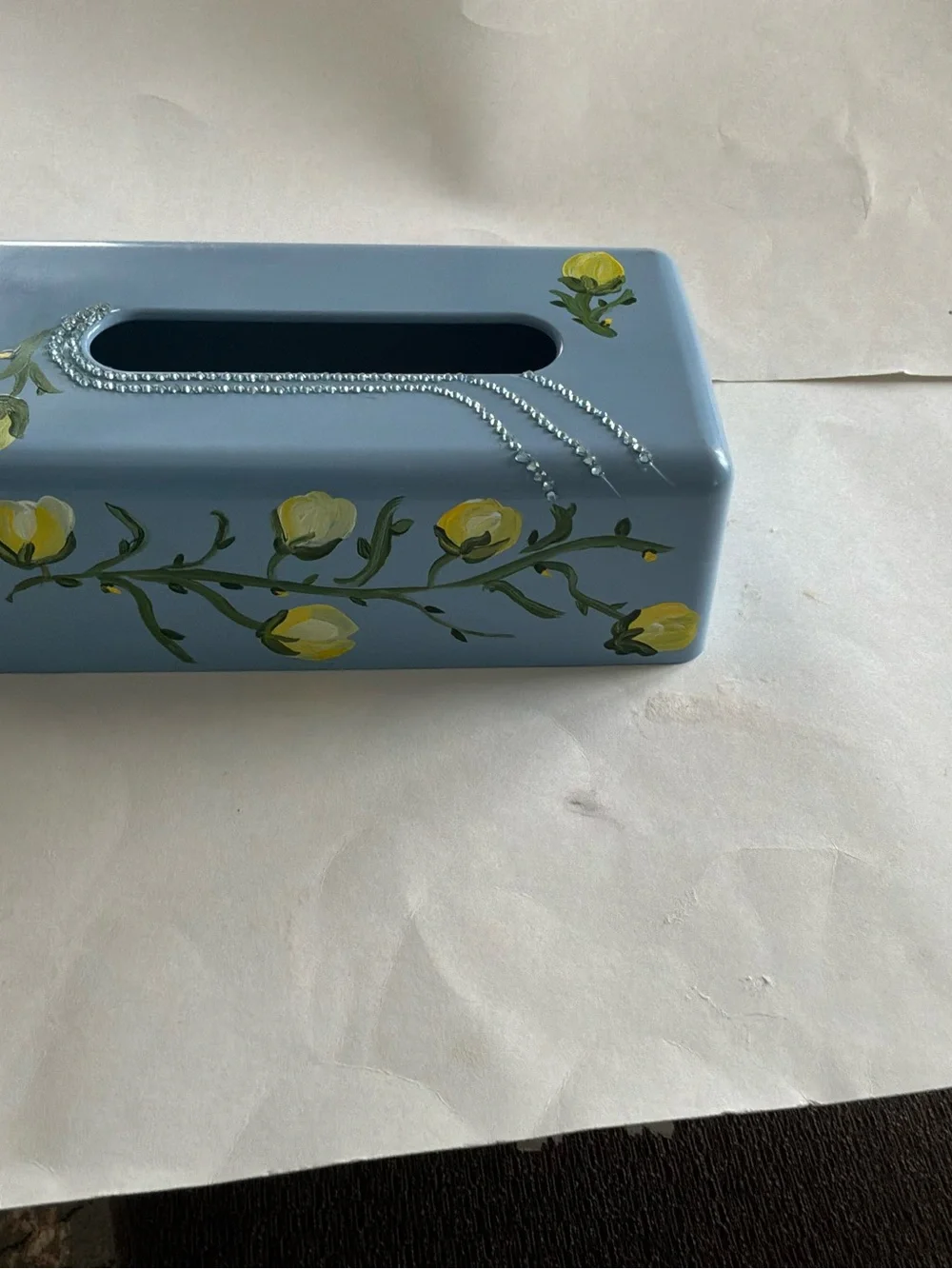 Hand Crafted Light Blue Decorative Tissue Box Cover with Yellow Floral Accents